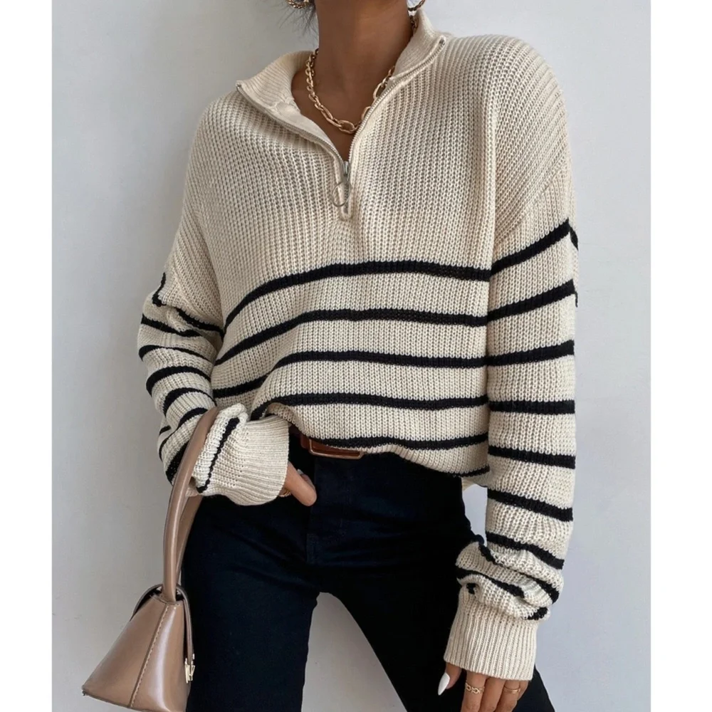 Striped Pullover Zip Collar Sweater Knit - Picture 1 of 8